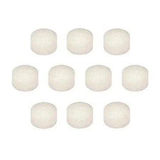Ten white round medical filter pads arranged in two rows on a white background