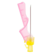 IV safety catheter with pink needle guard and yellow hub on white background