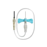Butterfly infusion set with needle, tubing, and blue winged grip for IV solutions