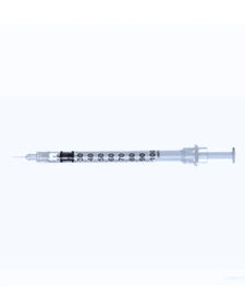Sterile medical syringe with clear barrel and fine measurement markings on white background