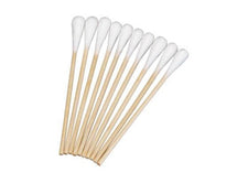 Sterile wooden cotton swabs with white tips for medical or home care use