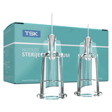 Sterile TSK hypodermic needles with safety caps, displayed in front of turquoise packaging box.