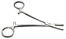 Stainless steel medical hemostat forceps with locking handle on white background