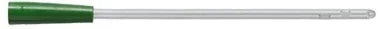 Sterile medical catheter with a green connector on a white background