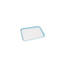 Blue medical supply tray with white surface on white background
