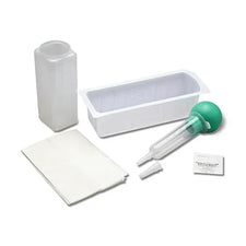medical ear irrigation kit with bulb syringe, basin, bottle, tissues, and packet