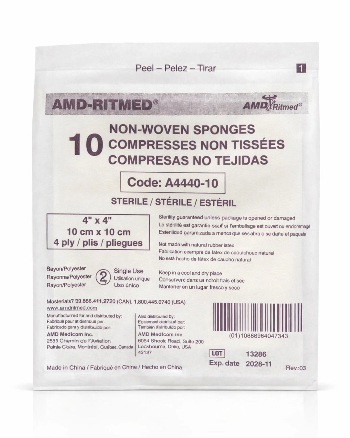 4" x 4" Non-Woven Sponges Sterile 4 Ply 10's | 1000/Case | A4440-10