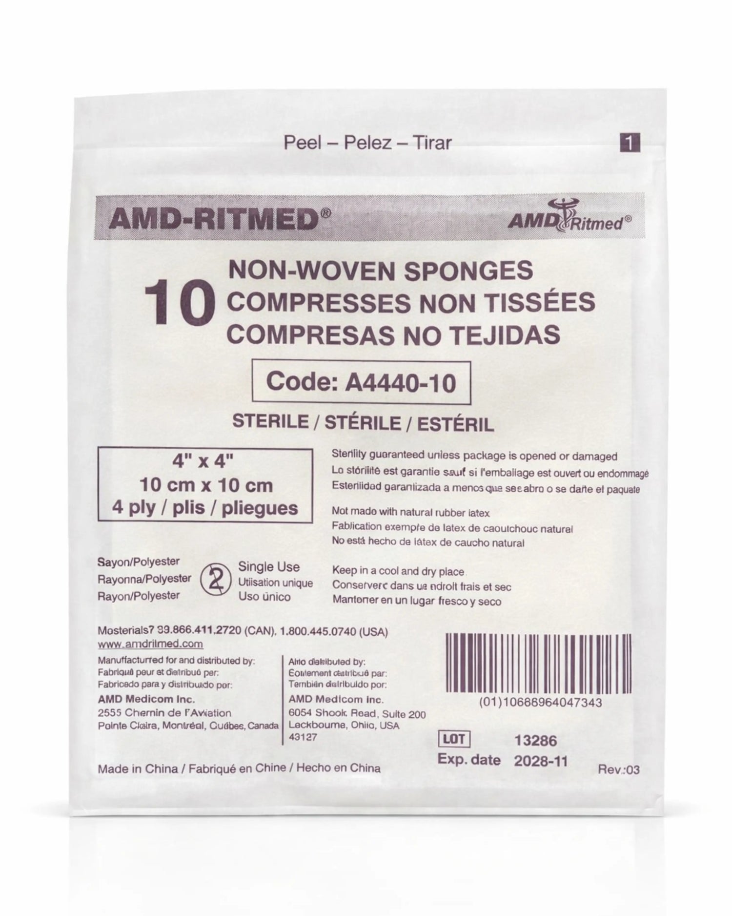 4" x 4" Non-Woven Sponges Sterile 4 Ply 10's | 1000/Case | A4440-10