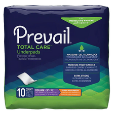 Prevail Total Care underpads package, extra large, super absorbent, 10 count medical pads