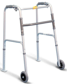 Lightweight folding walker with wheels, adjustable height, grey handles, medical mobility aid