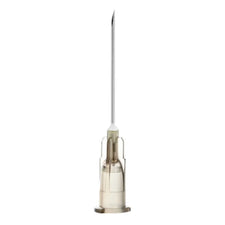Sterile medical hypodermic needle with clear hub on white background