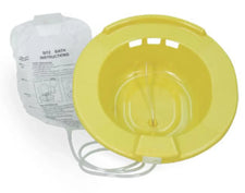 Yellow sitz bath basin with water bag and tubing for personal hygiene care