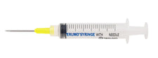 Medical syringe with needle, clear barrel, yellow hub, Terumo brand, for injection