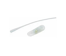 Sterile medical suction catheter with finger control, clear flexible tubing on white background