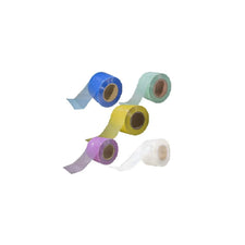 Five rolls of transparent medical tape in blue, green, yellow, purple, and clear colors