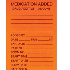 Orange medication added label for IV solutions with fields for drug additive, dosage, and patient details