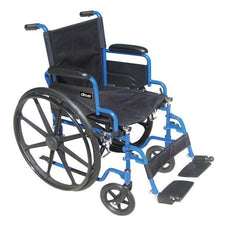 Lightweight blue manual wheelchair with footrests and black cushioned armrests