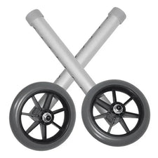 Pair of replacement walker wheels with adjustable gray legs and black spokes.