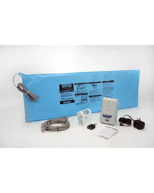 Blue medical bed sensor pad with control unit, cables, and power adapter for patient monitoring