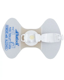IV catheter securement device with adhesive backing and white plastic clip, medical supply