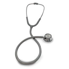 Gray medical stethoscope with dual head chest piece on white background, home care supply