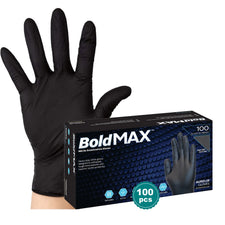 Black nitrile examination glove on hand with BoldMAX 100-piece glove box