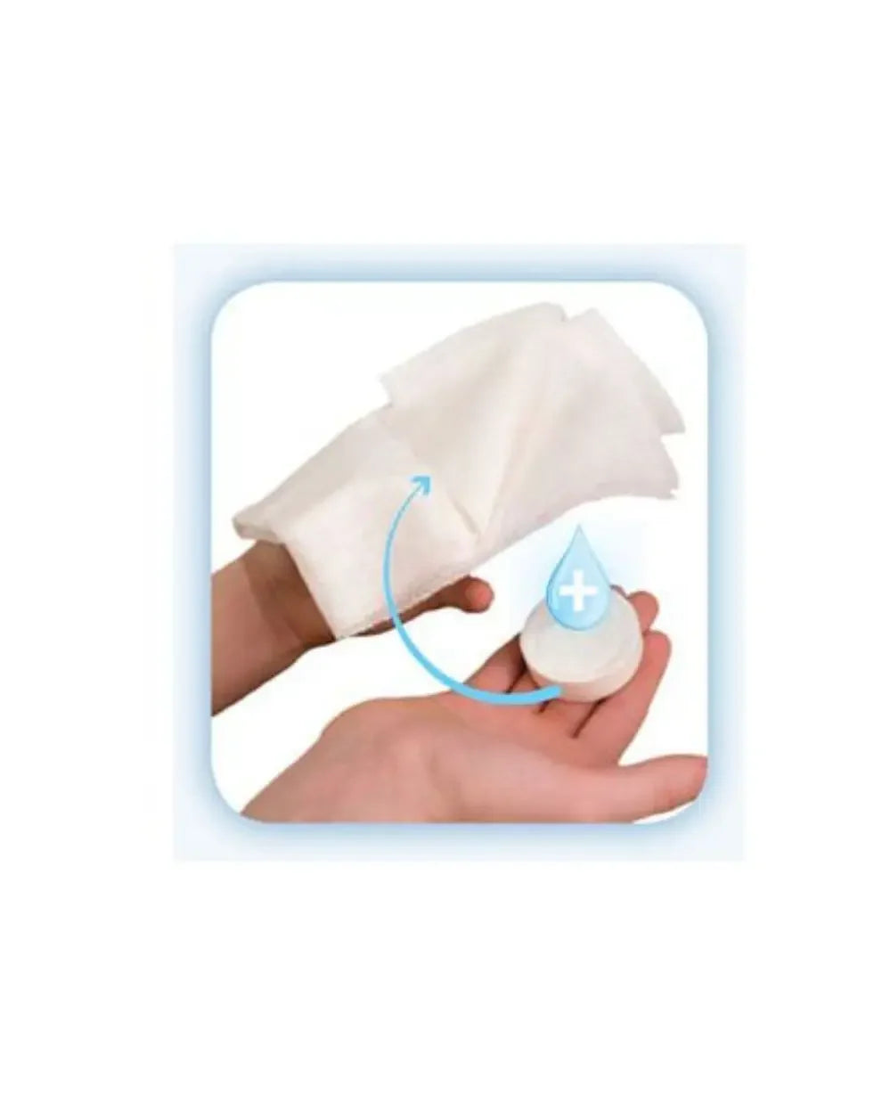 Hand holding medical gauze pads with an arrow and droplet icon, wound care supplies