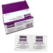 MedPro alcohol prep pads box with two individually wrapped sterile wipes for medical use