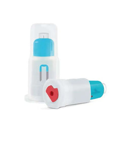 Single-use safety lancets with protective caps for blood sampling on white background