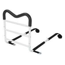 Adjustable bed assist rail with white metal frame and black foam grip for home safety