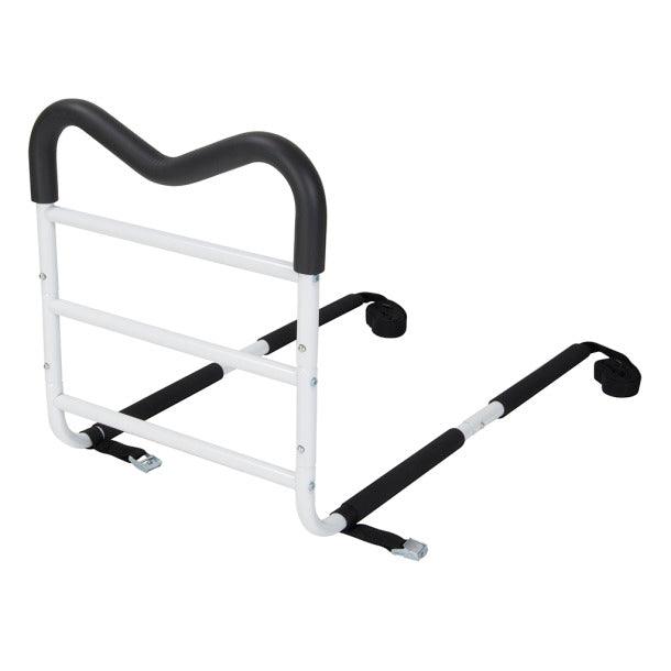 Adjustable white bed assist rail with black cushioned handle for elderly home care safety