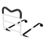 Adjustable white bed assist rail with black cushioned handle for elderly home care safety