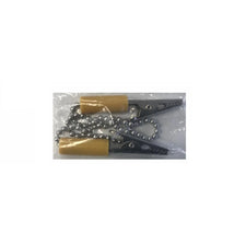Alligator clips with yellow insulated handles connected by metal bead chain, medical supply
