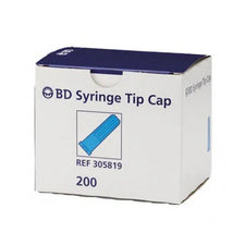 Box of BD syringe tip caps, 200 count, medical supply packaging with blue cap illustration