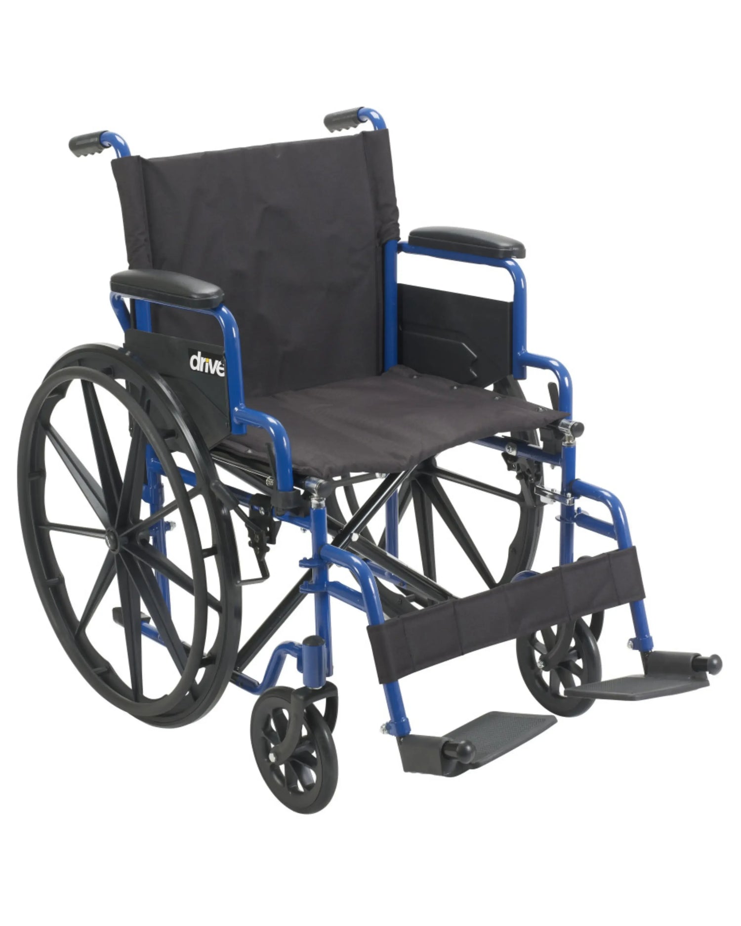 Lightweight manual wheelchair with blue frame, black armrests, large rear wheels and footrests