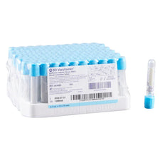 Vacutainer blood collection tubes with blue caps, medical supply pack on white background