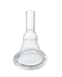 Clear silicone breast pump flange replacement part on white background, medical supply