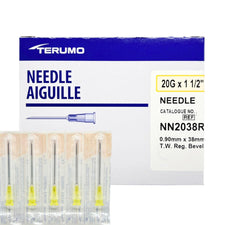 Terumo 20G x 1.5 inch sterile hypodermic needles box with five individually wrapped needles