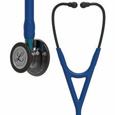Blue and black cardiology stethoscope for medical professionals on white background