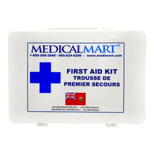 Ontario regulation first aid kit case for 16 to 200 employees, white with blue cross.