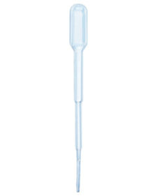 Clear plastic disposable transfer pipette for medical or laboratory use on white background