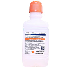 500mL bottle of 0.9% sodium chloride irrigation solution with orange cap, medical supply