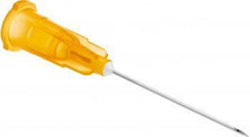 Yellow safety hypodermic needle with protective cap for medical injections