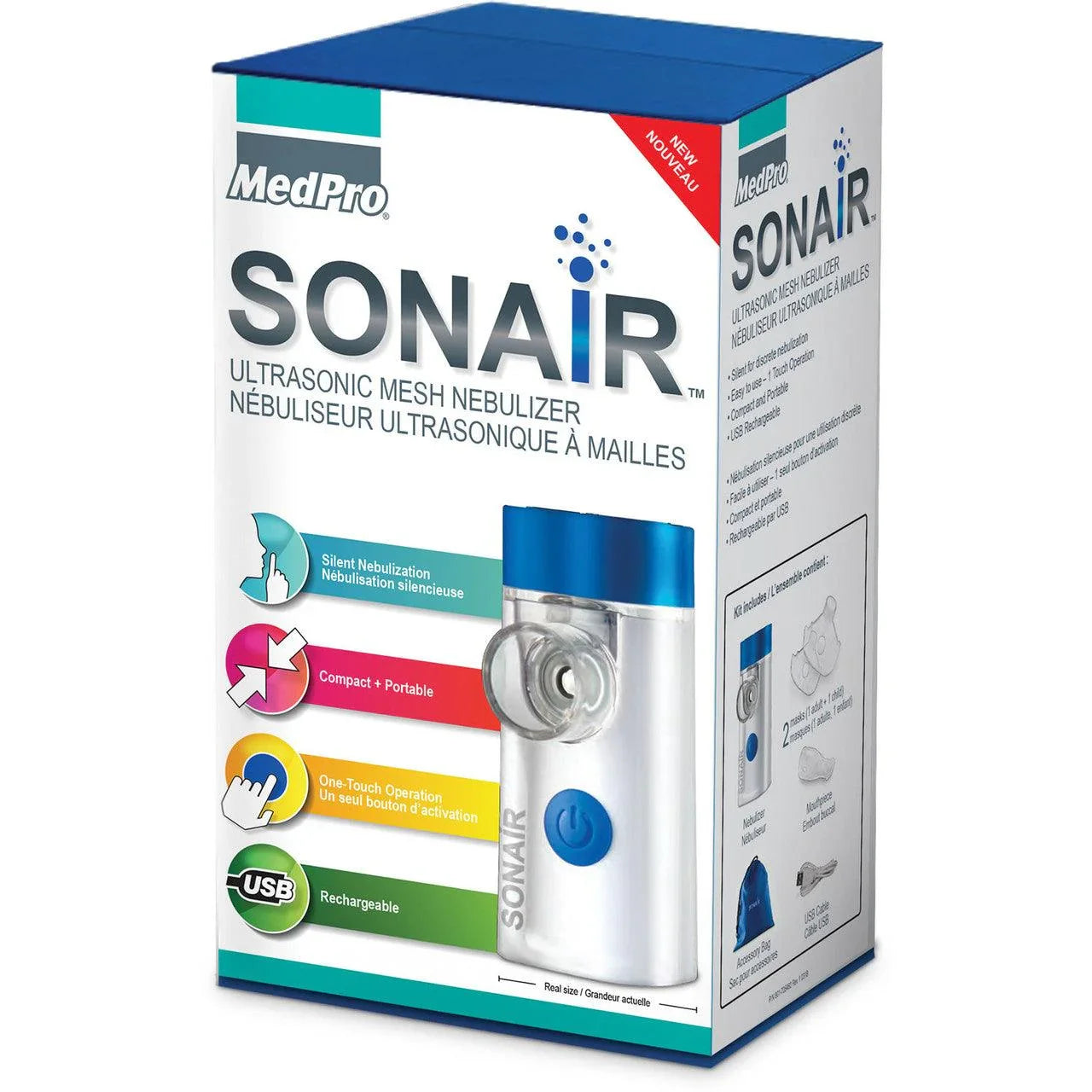 MedPro SONAIR ultrasonic mesh nebulizer retail packaging, portable silent medical device