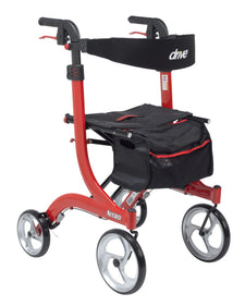 Red lightweight rollator walker with four wheels, padded seat, and storage pouch