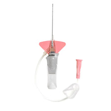 Peripheral IV catheter with safety needle, pink wing, tubing and protective cap on white background