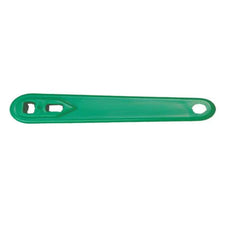 Green plastic medical bed sheet remover tool with two square cutouts and a rounded end