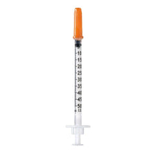 Insulin syringe with orange cap for medical injection, graduated in 50 units, on white background