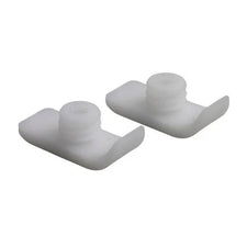 Pair of white plastic medical equipment replacement parts on white background