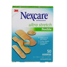 Nexcare Ultra Stretch flexible assorted bandages box containing 50 adhesive strips